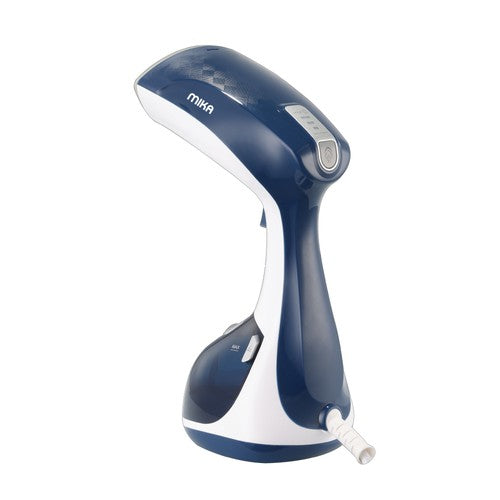 Mika MHST3101C white and blue handheld garment steamer, rear view