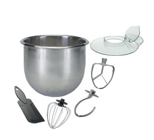 Mika MMS301WG stand mixer stainless steel bowl, splash guard, dough hook, whisk and paddle attachments