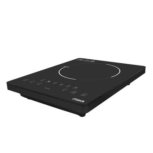 Mika MPVC1121T black vitro ceramic cooker, angled side view