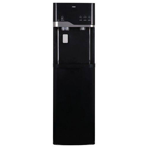 Mika MWDB3002BS black and silver bottom-load water dispenser with ice maker, front view