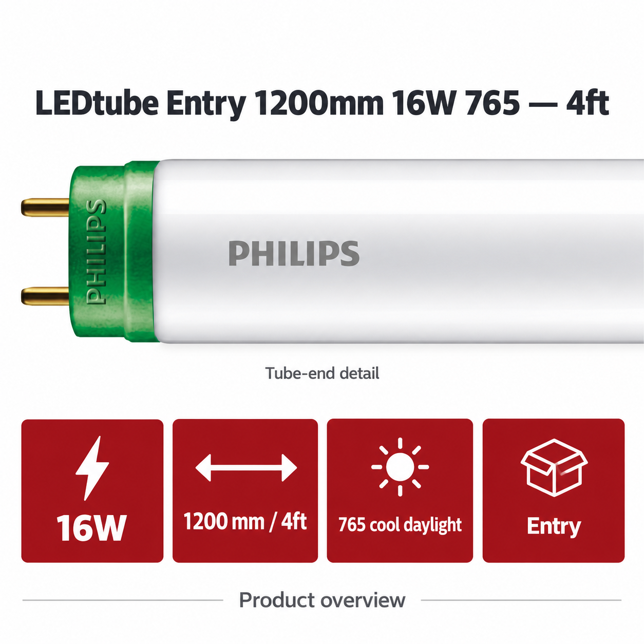Philips LEDtube Entry 1200mm 16W 765 — 4ft — AI-illustrated specification overview