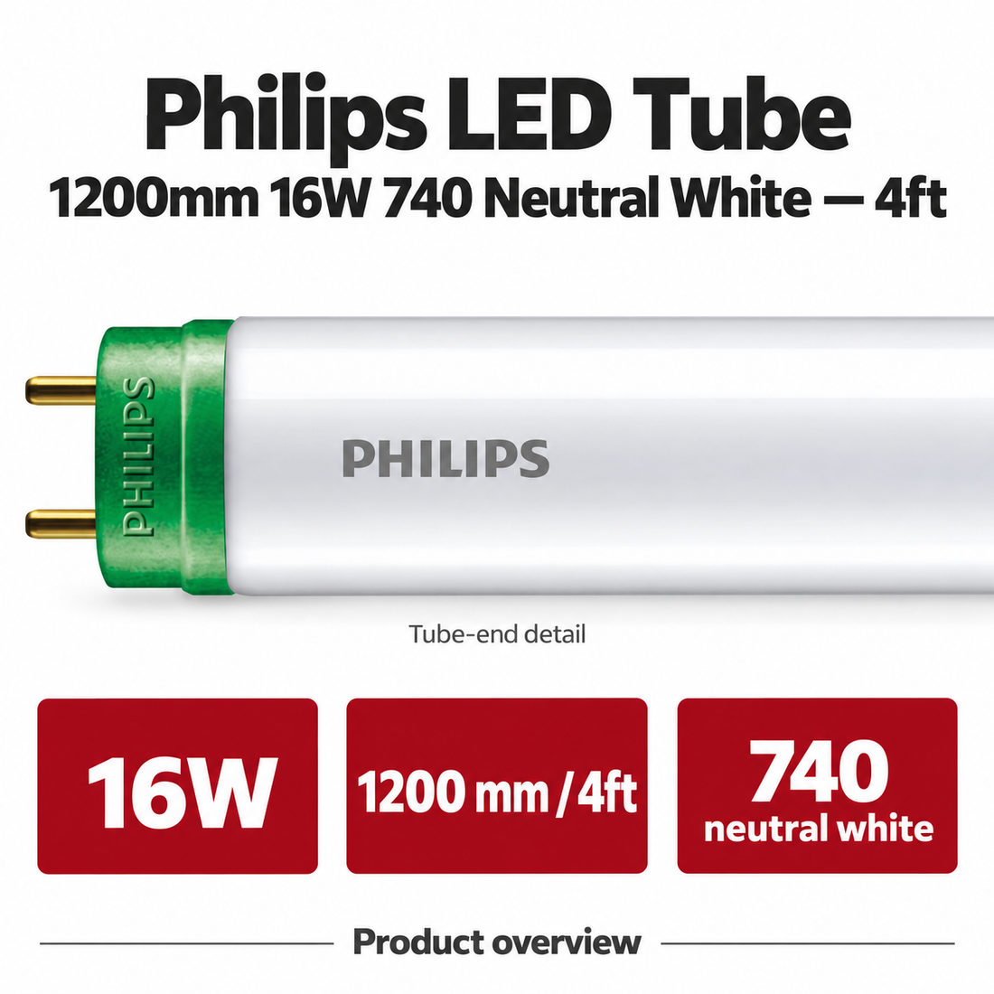 Philips LED Tube 1200mm 16W 740 Neutral White — 4ft — AI-illustrated specification overview