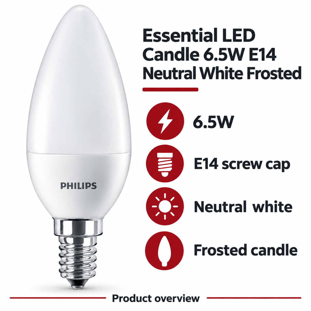 Philips Essential LED Candle 6.5W E14 Neutral White Frosted — AI-illustrated specification overview