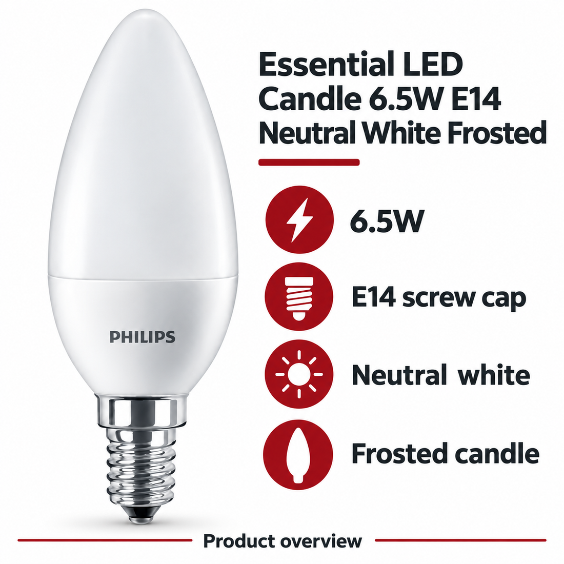 Philips Essential LED Candle 6.5W E14 Neutral White Frosted — AI-illustrated specification overview