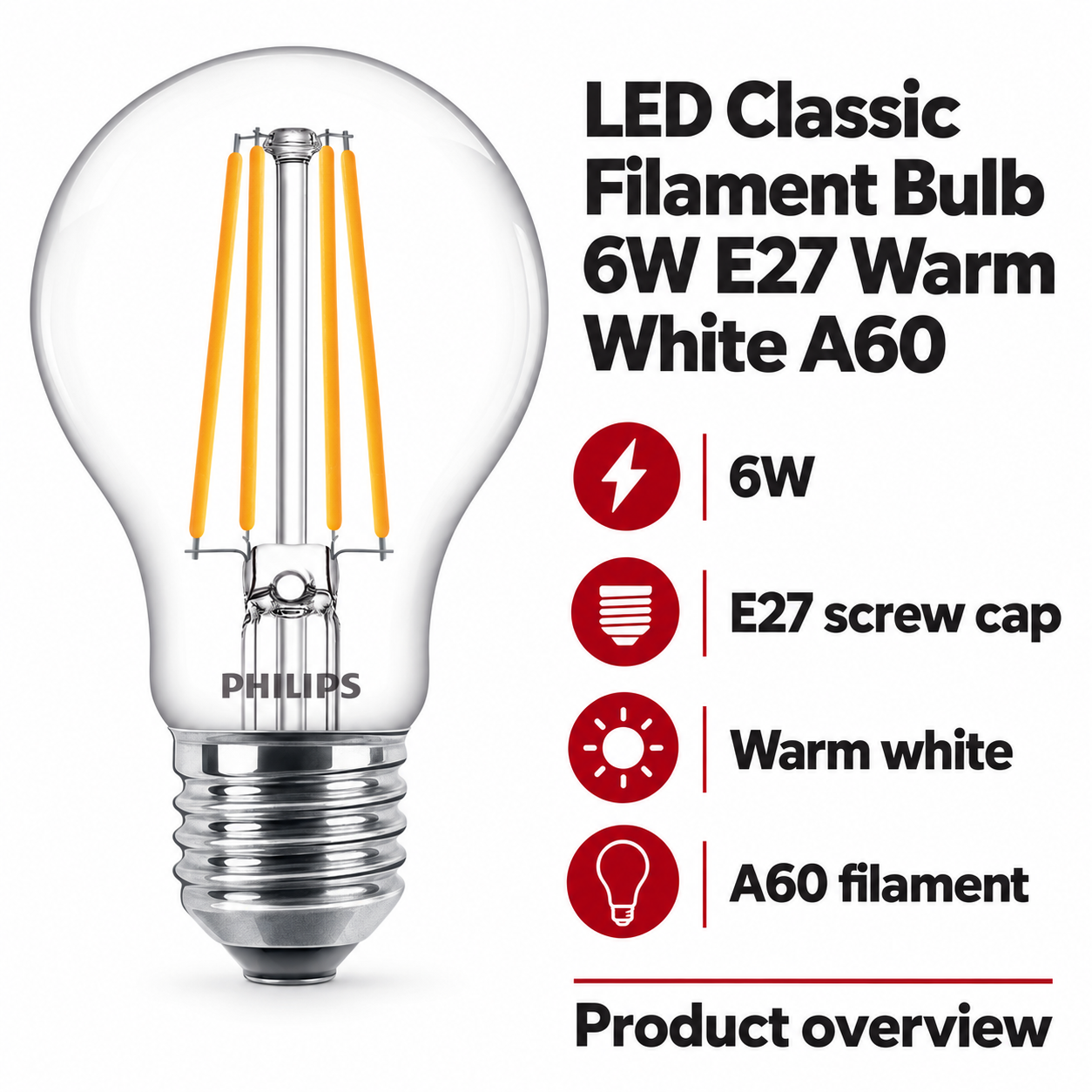 Philips LED filament Bulb 6W E27 Warm White A60 — AI-illustrated specification overview