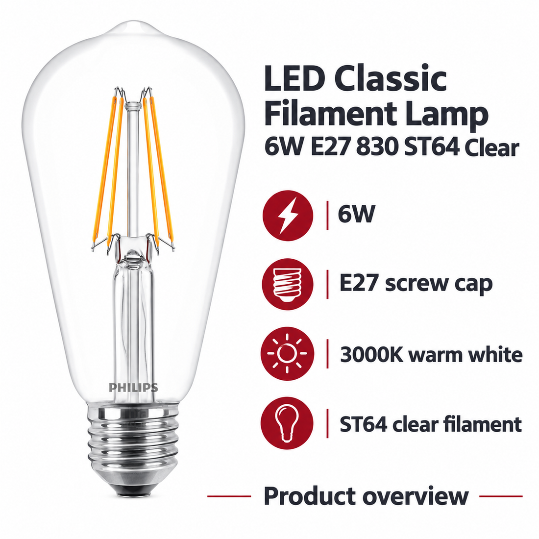 Philips LED filament Lamp 6W E27 830 ST64 Clear — AI-illustrated specification overview