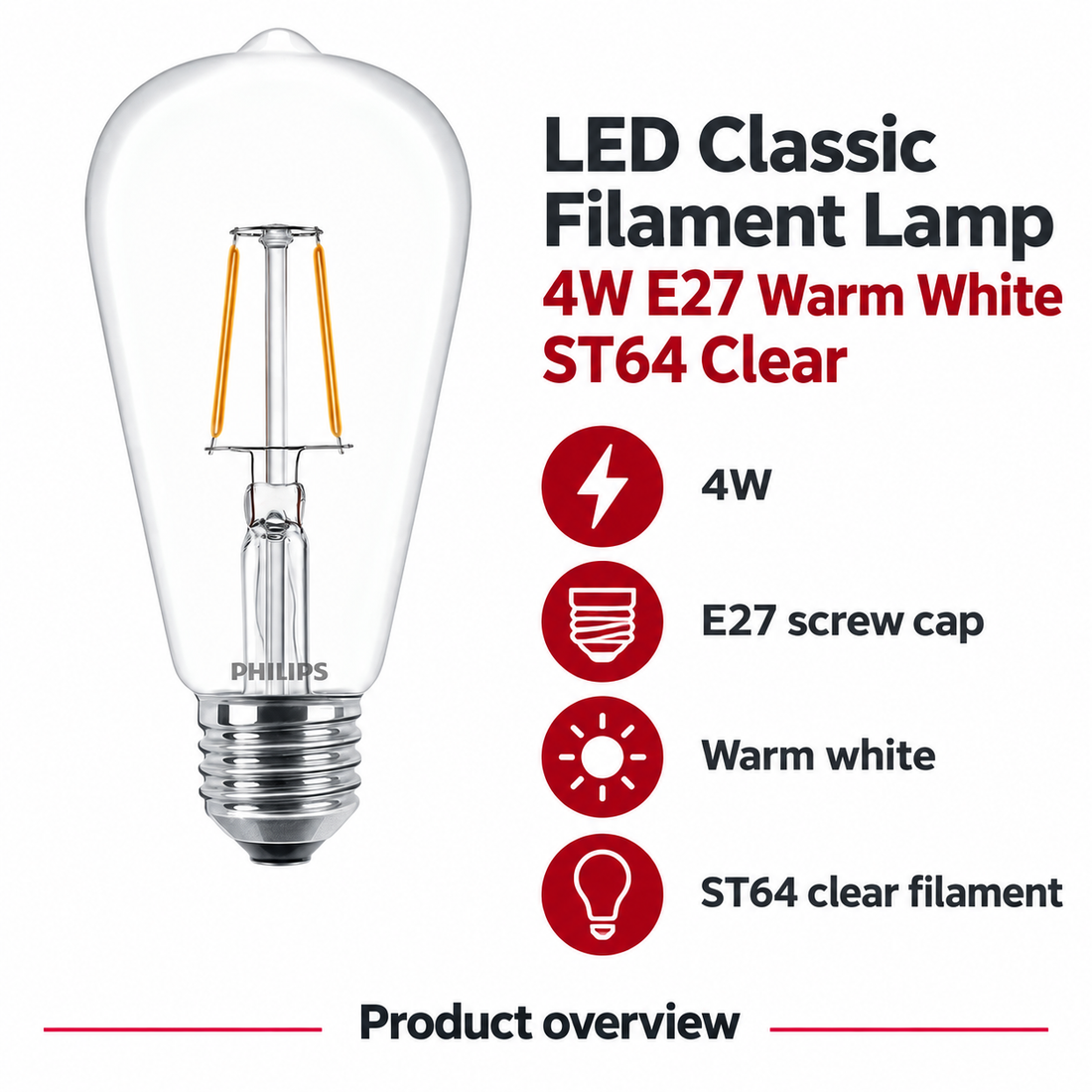 Philips LED filament Lamp 4W E27 Warm White ST64 Clear — AI-illustrated specification overview