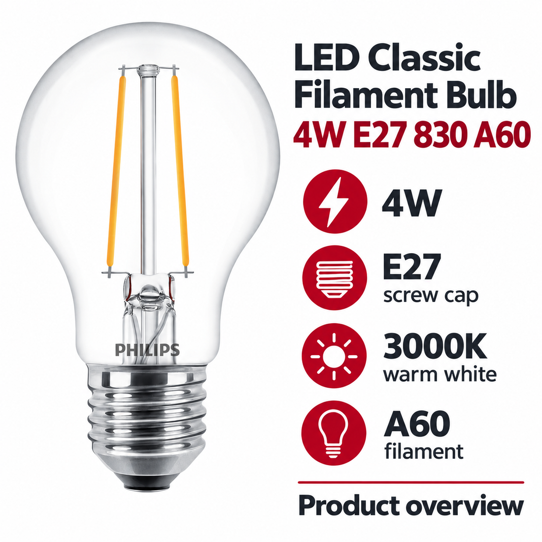 Philips LED filament Bulb 4W E27 830 A60 — AI-illustrated specification overview