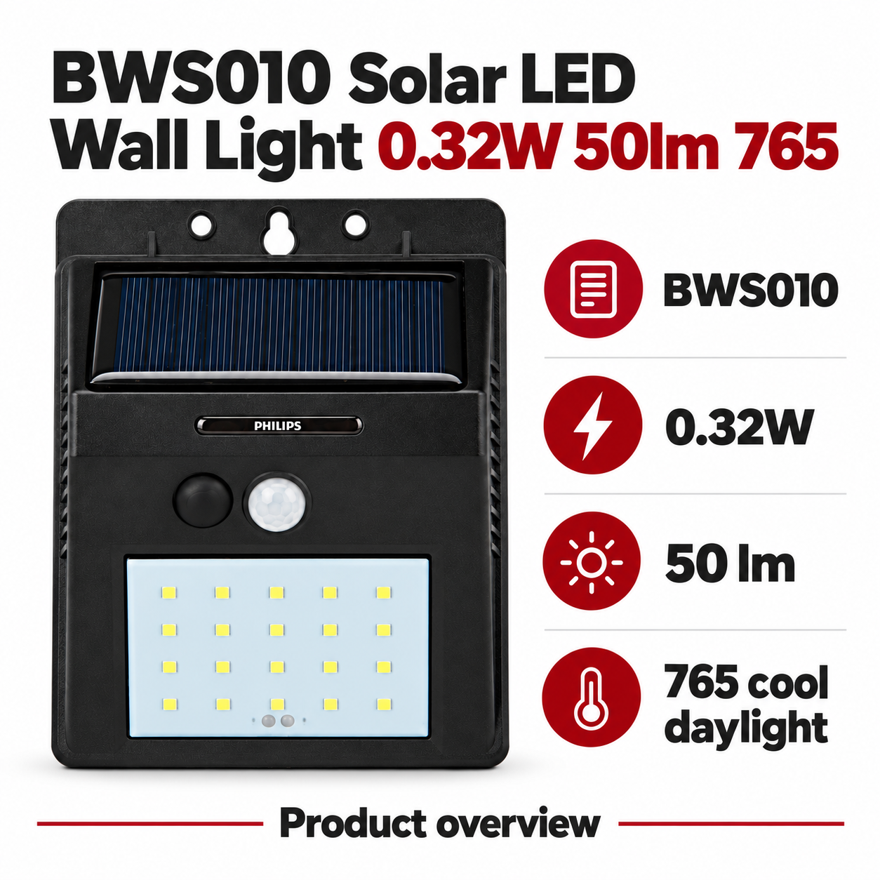 Philips BWS010 Solar LED Wall Light 0.32W 50lm 765 — AI-illustrated specification overview