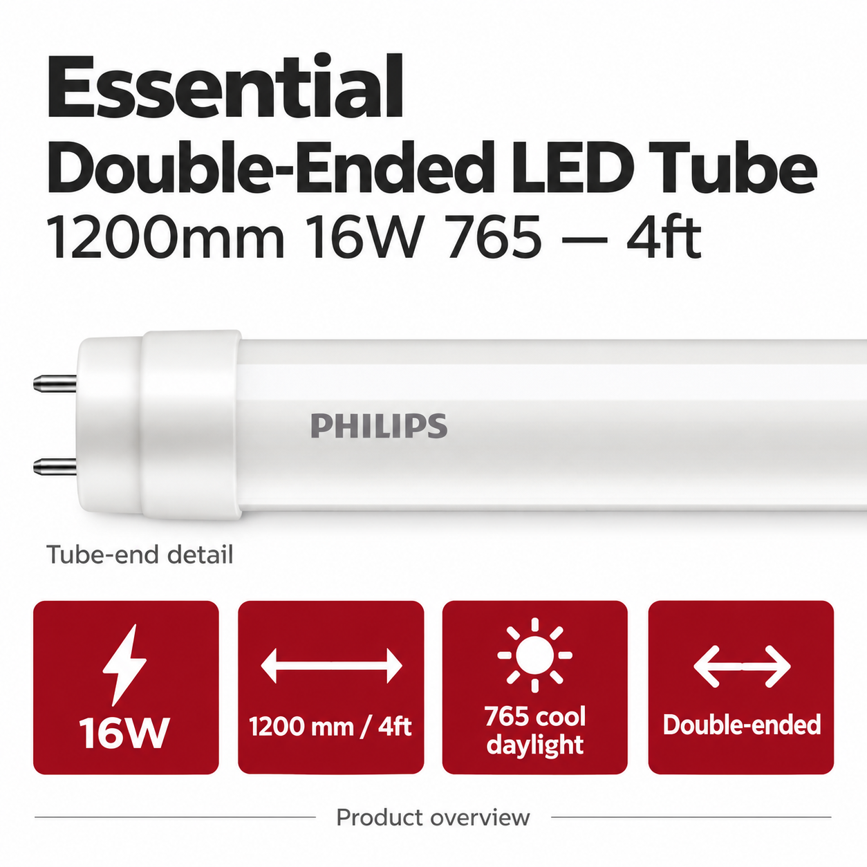 Philips Essential Double-Ended LED Tube 1200mm 16W 765 — 4ft — AI-illustrated specification overview