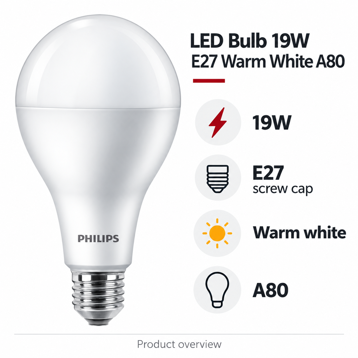 Philips LED Bulb 19W E27 Warm White A80 — AI-illustrated specification overview