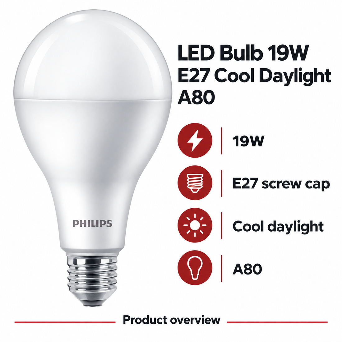 Philips LED Bulb 19W E27 Cool Daylight A80 — AI-illustrated specification overview