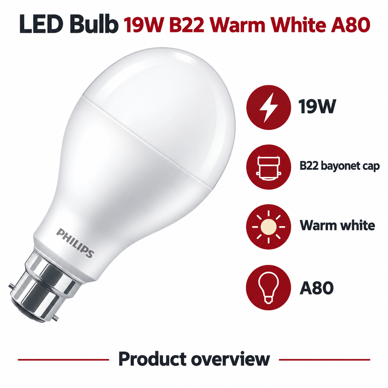 Philips LED Bulb 19W B22 Warm White A80 — AI-illustrated specification overview