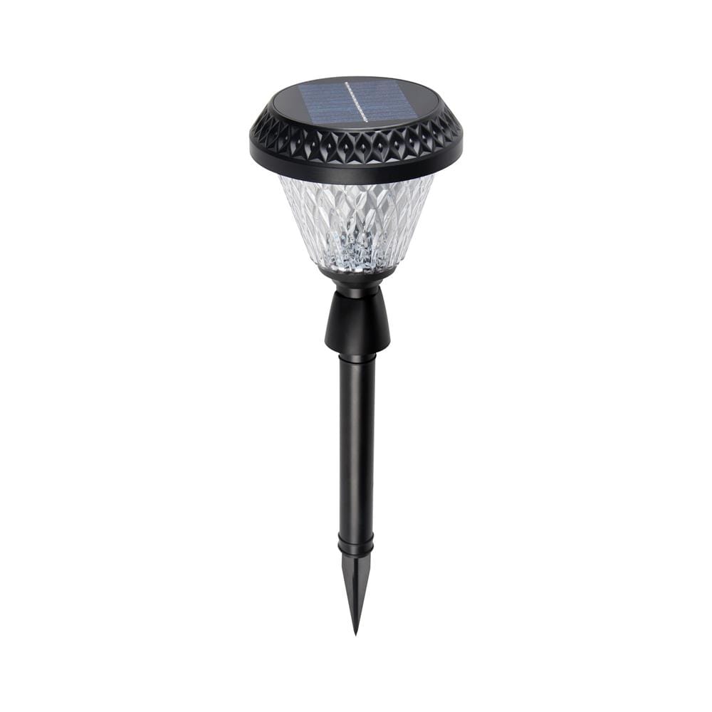 Philips BGC010 round solar bollard viewed at an angle, showing the ground spike