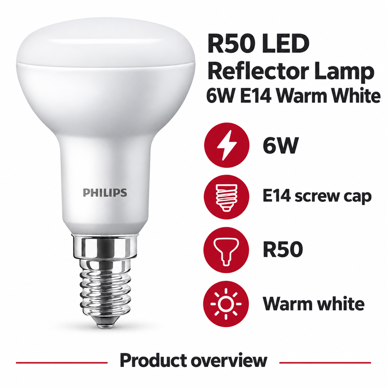 Philips R50 LED Reflector Lamp 6W E14 Warm White — AI-illustrated specification overview