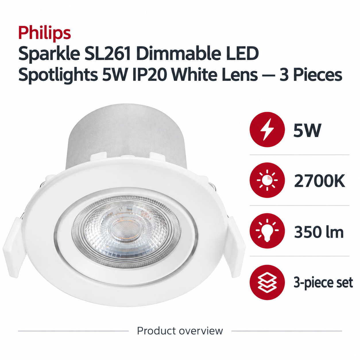 Philips Sparkle SL261 Dimmable LED Spotlights 5W IP20 White Lens (3-piece set) — AI-illustrated specification overview