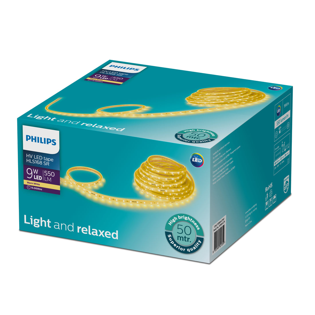 Philips HLS168 LED Strip 9W/m 830 Warm White 240V — manufacturer bulk reel packaging; listing sold per metre