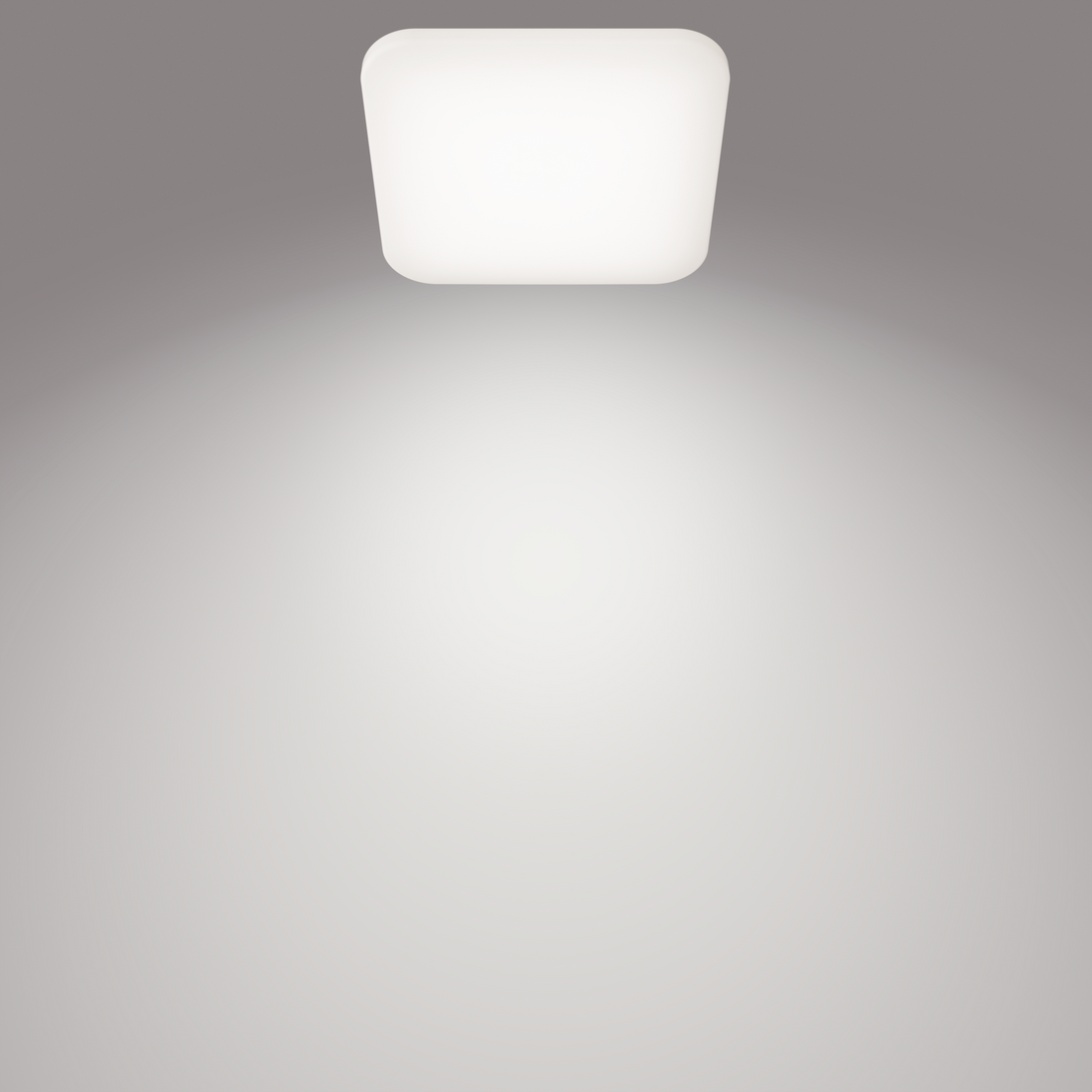 Philips Mauve square ceiling light illuminated on a ceiling