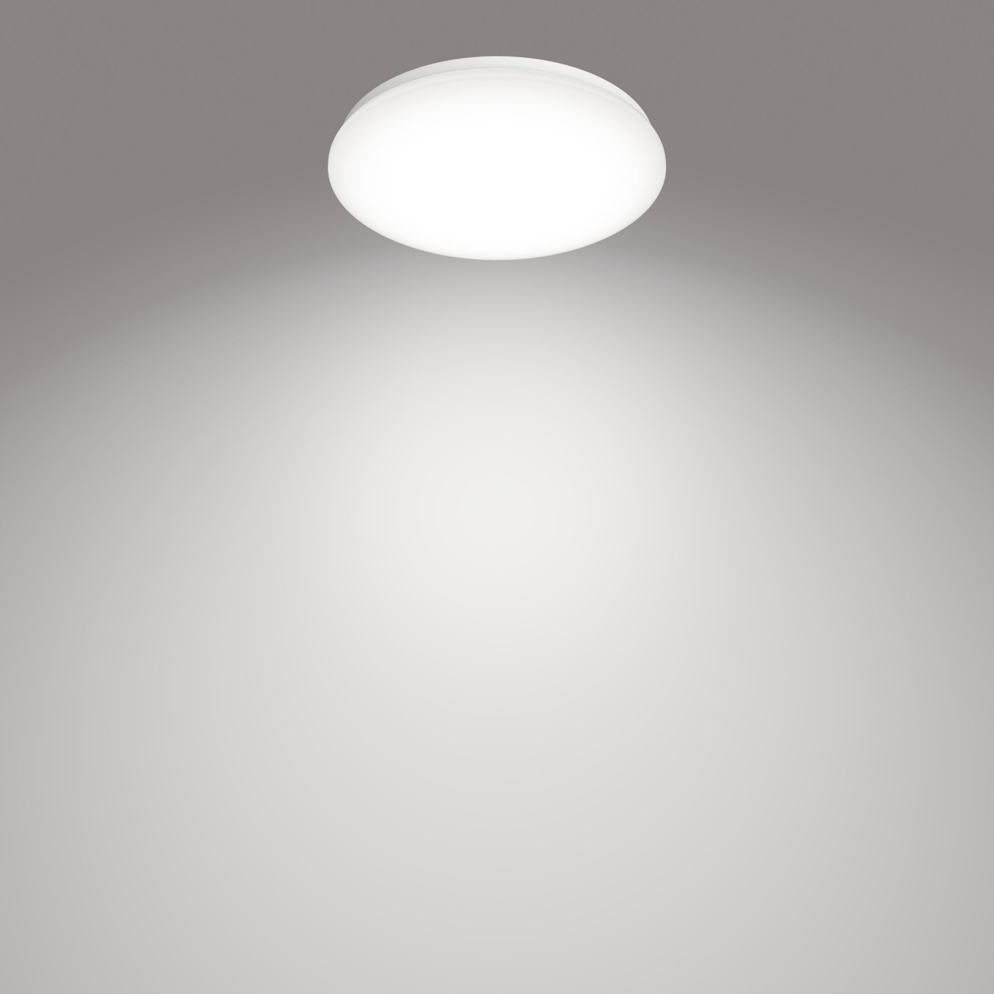 Philips Moire CL200 round ceiling light illuminated on a ceiling