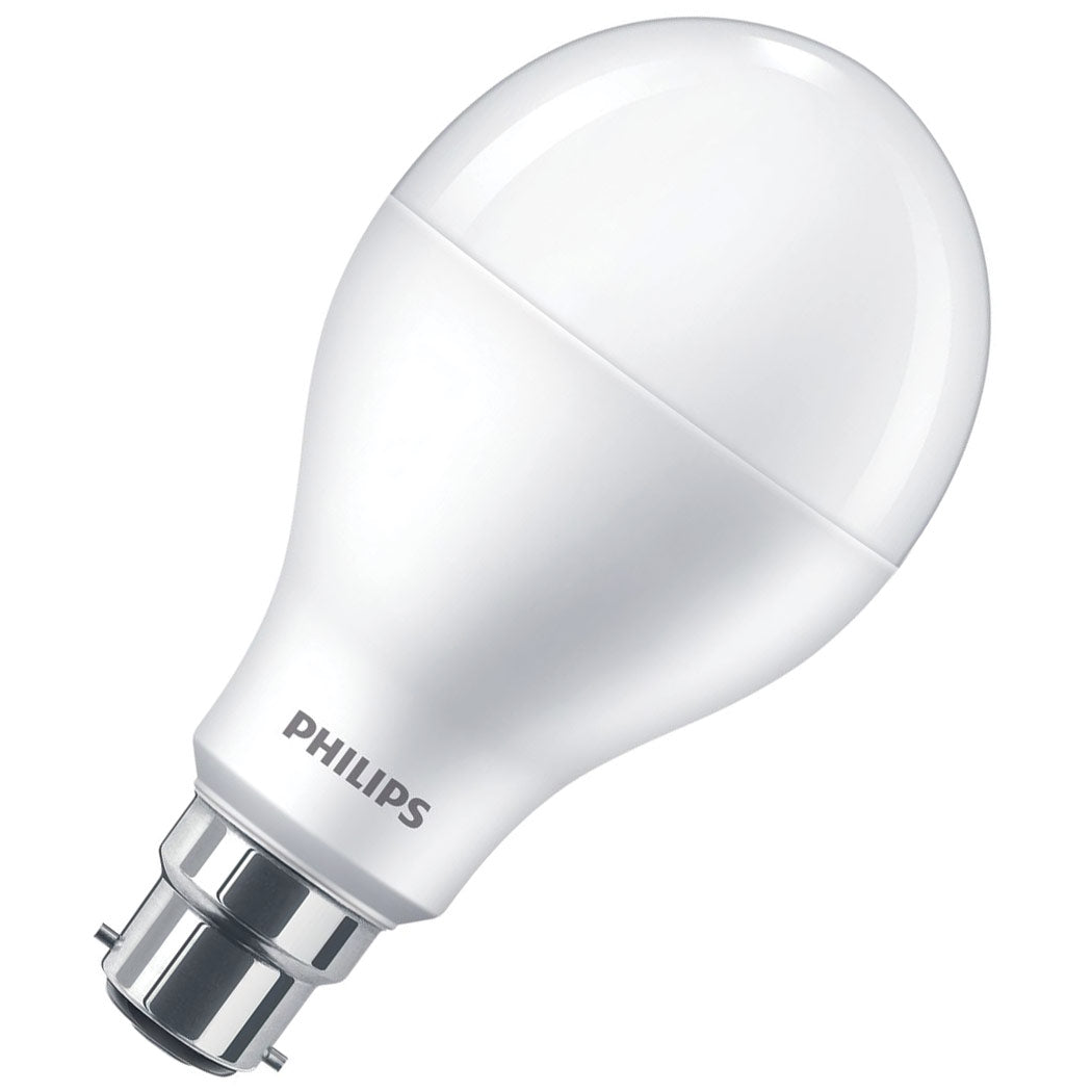 Philips A80 LED bulb with B22 bayonet cap, shown unlit — product-family reference for the 19W model