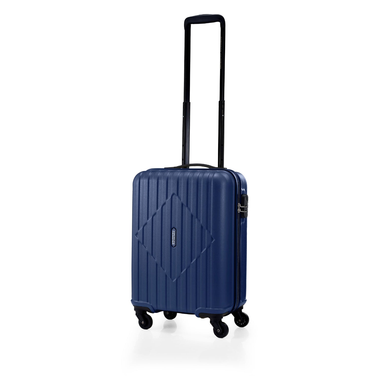 American Tourister Skytrac 55 cm — Navy Cabin Suitcase — extended handle three-quarter view