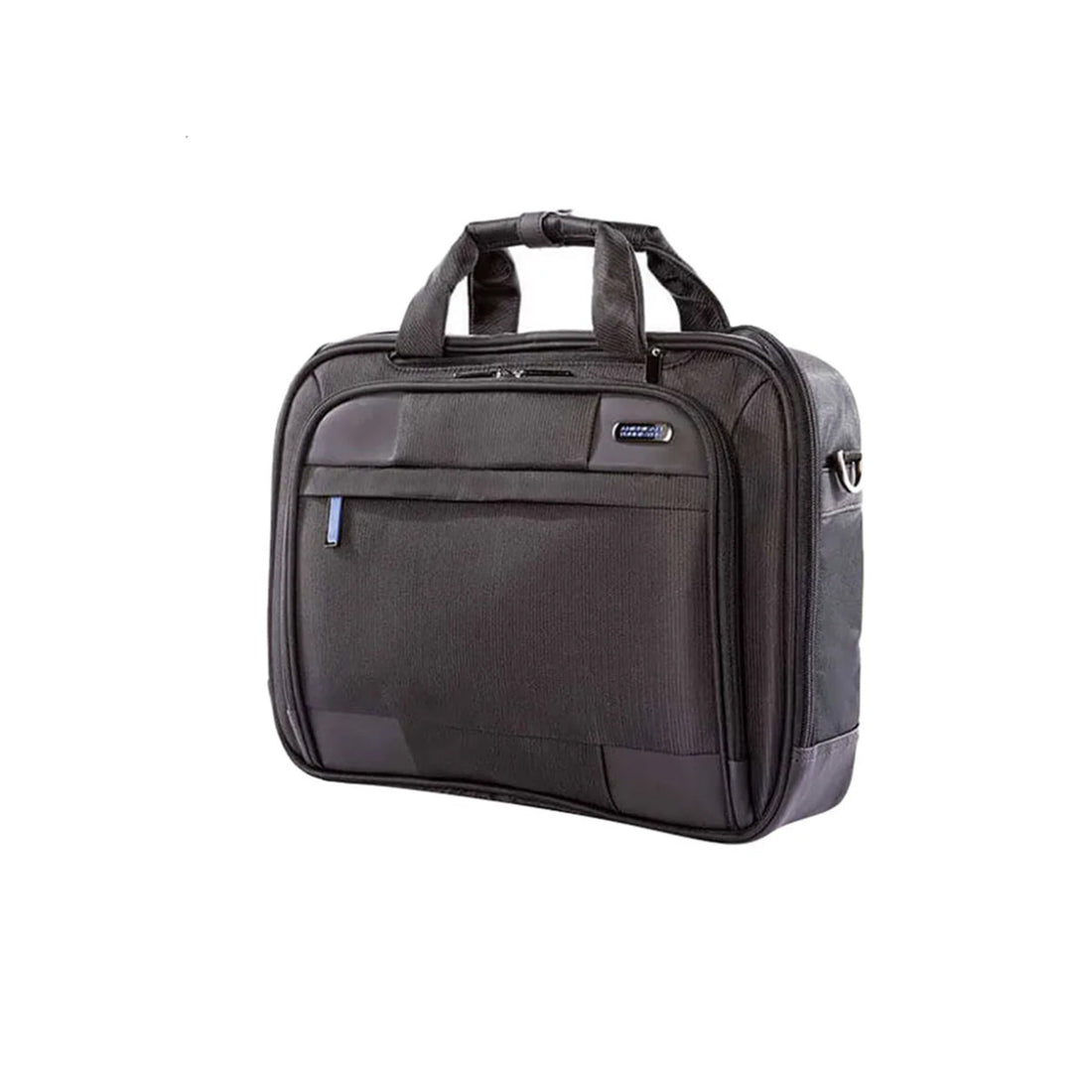 American Tourister Merit medium black and blue laptop briefcase — front view