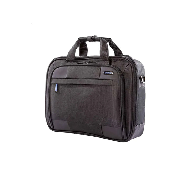 American Tourister Merit medium black and blue laptop briefcase — front view