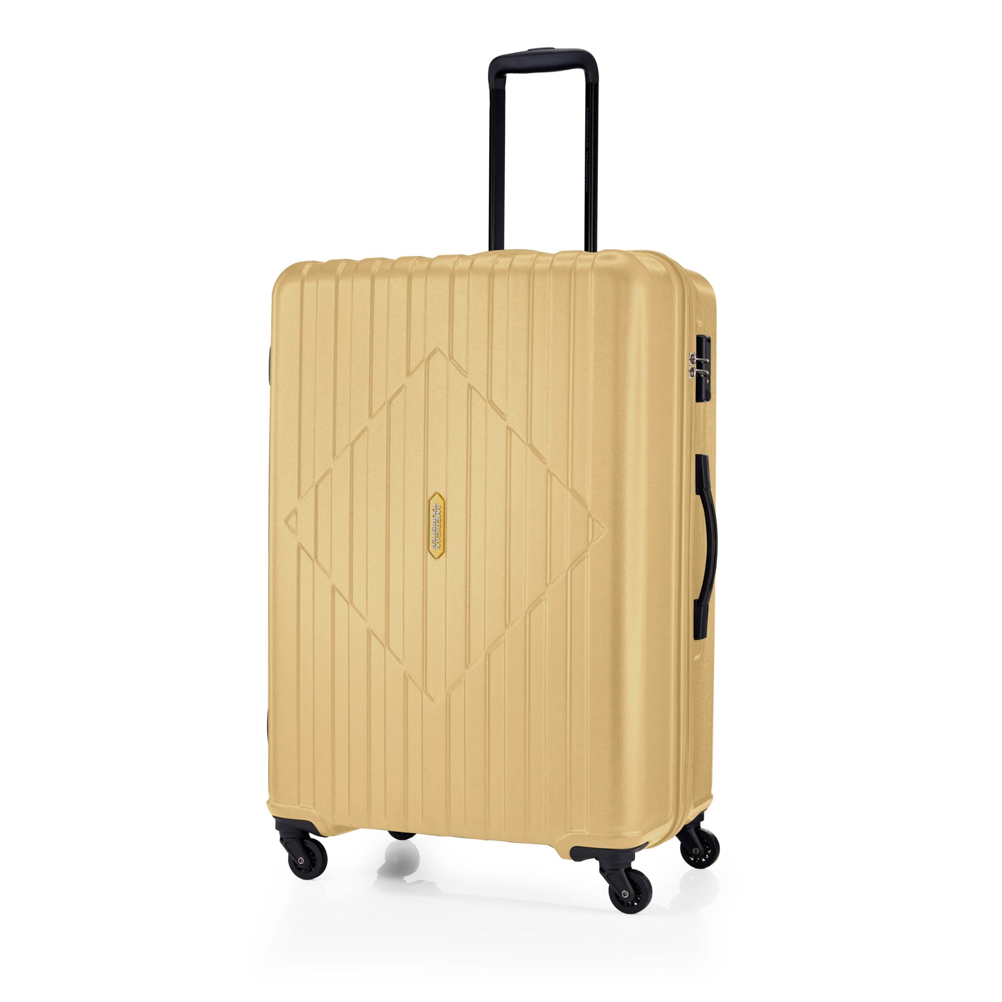American Tourister Skytrac 79 cm — Sunshine Yellow Large Suitcase — extended handle three-quarter view