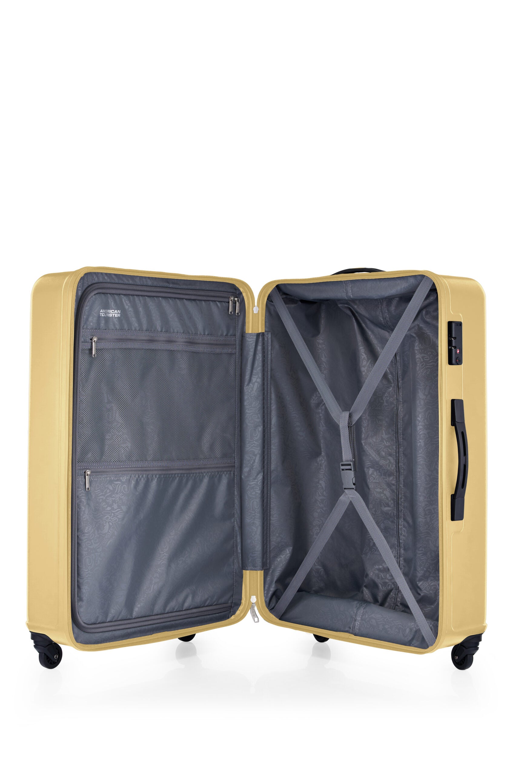 American Tourister Skytrac 79 cm — Sunshine Yellow Large Suitcase — open interior with divider and packing straps