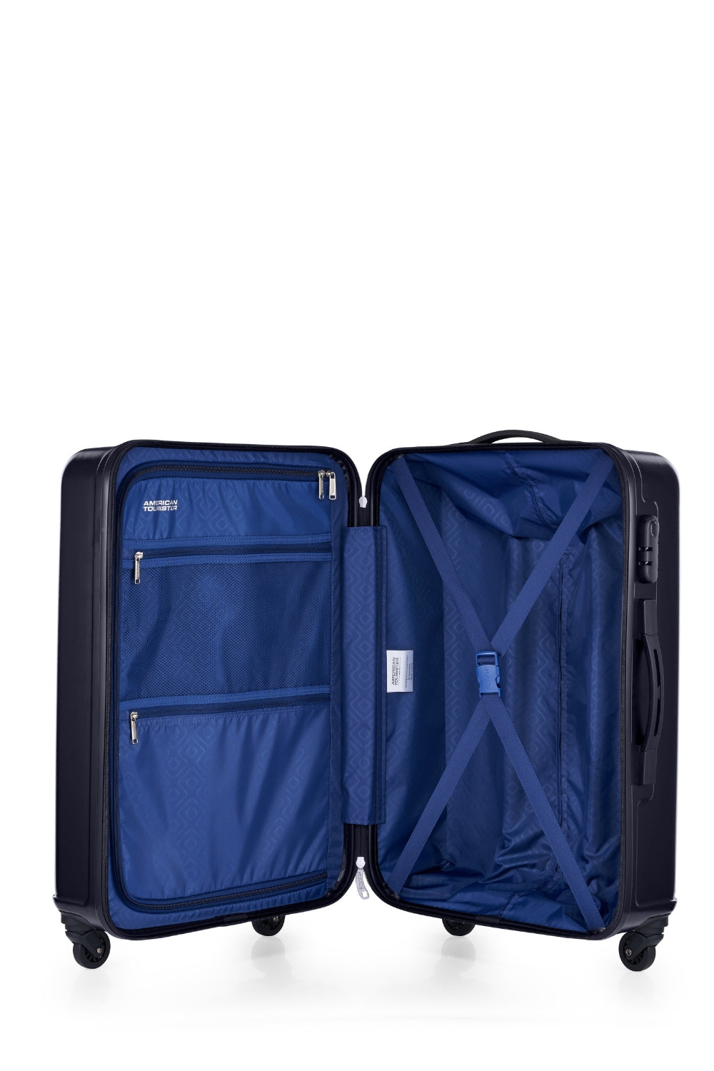 American Tourister Skytrac 67 cm — Black Medium Suitcase — open interior with divider and packing straps