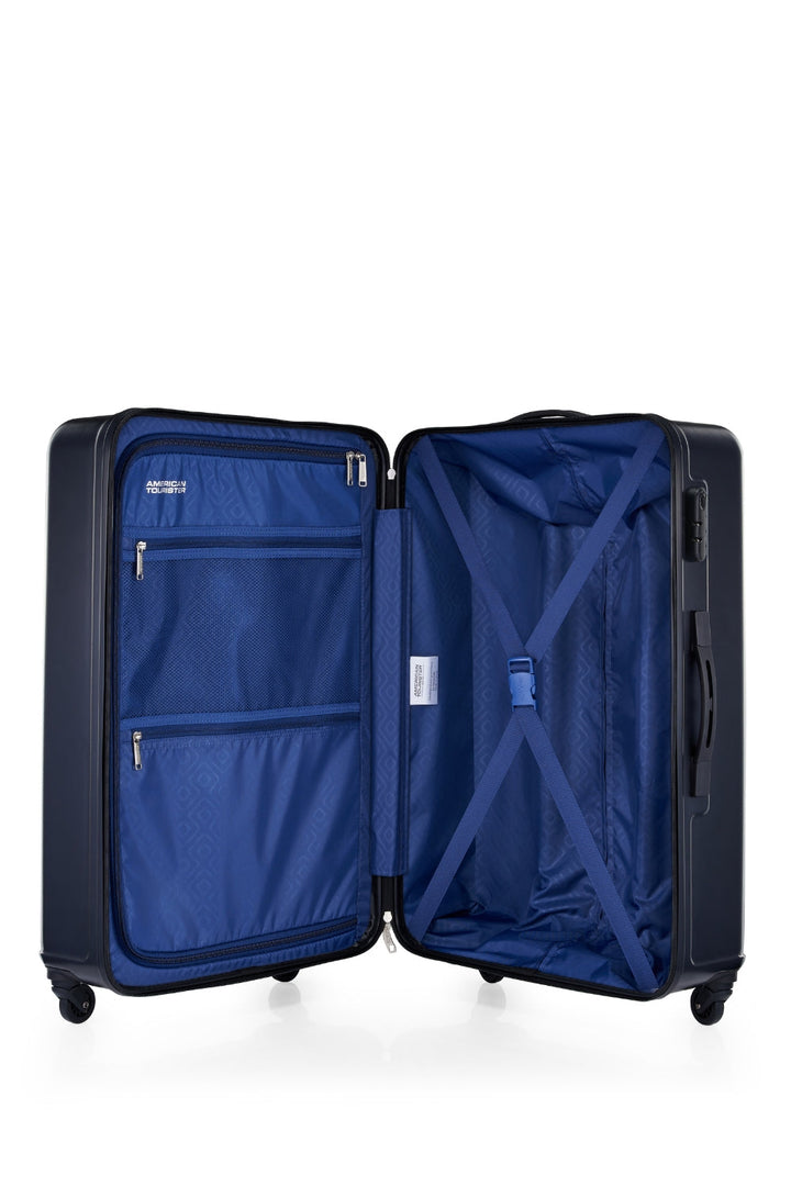 American Tourister Skytrac 78 cm — Black Large Suitcase — open interior with divider and packing straps