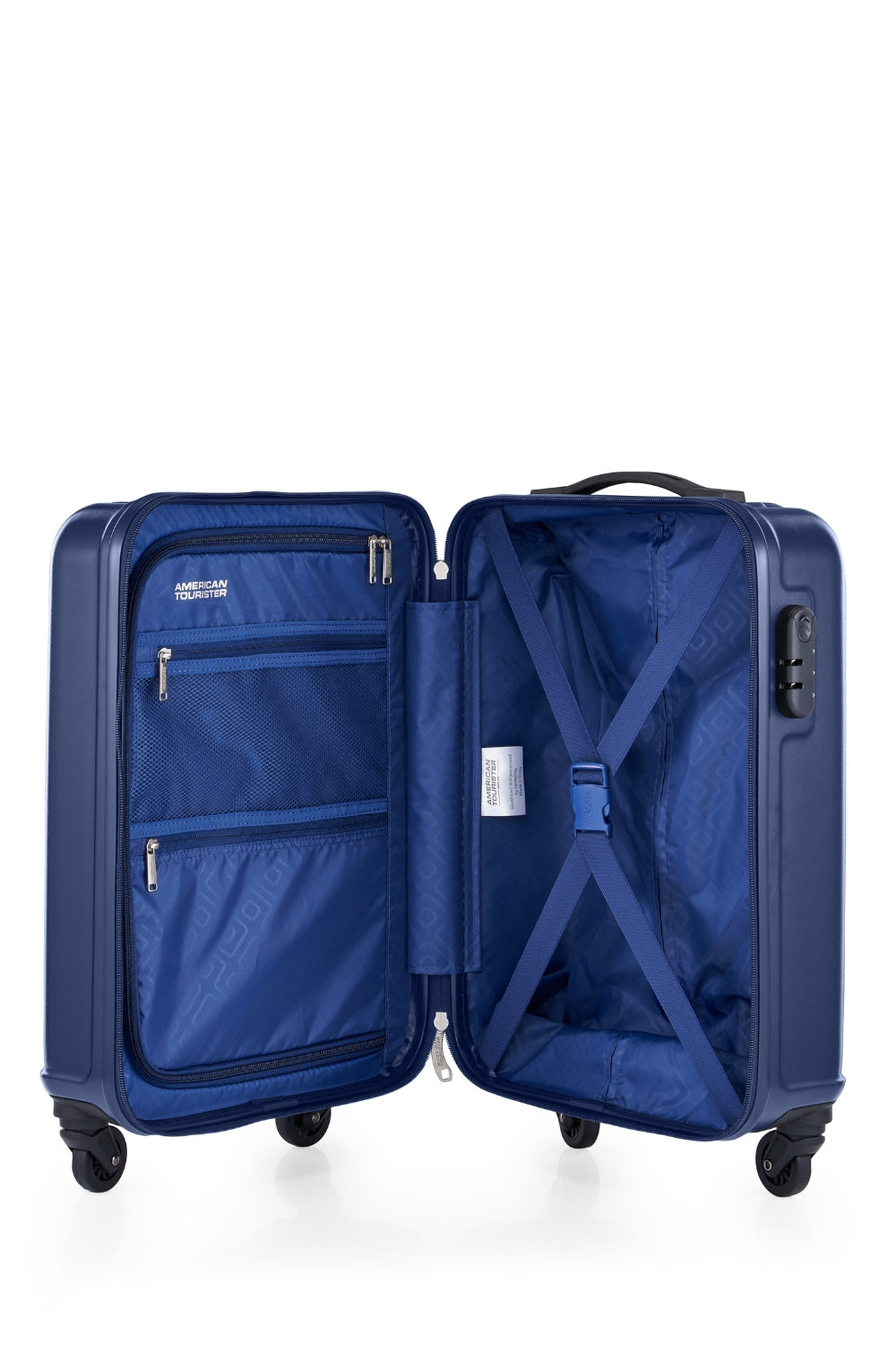 American Tourister Skytrac 55 cm — Navy Cabin Suitcase — open interior with divider and packing straps