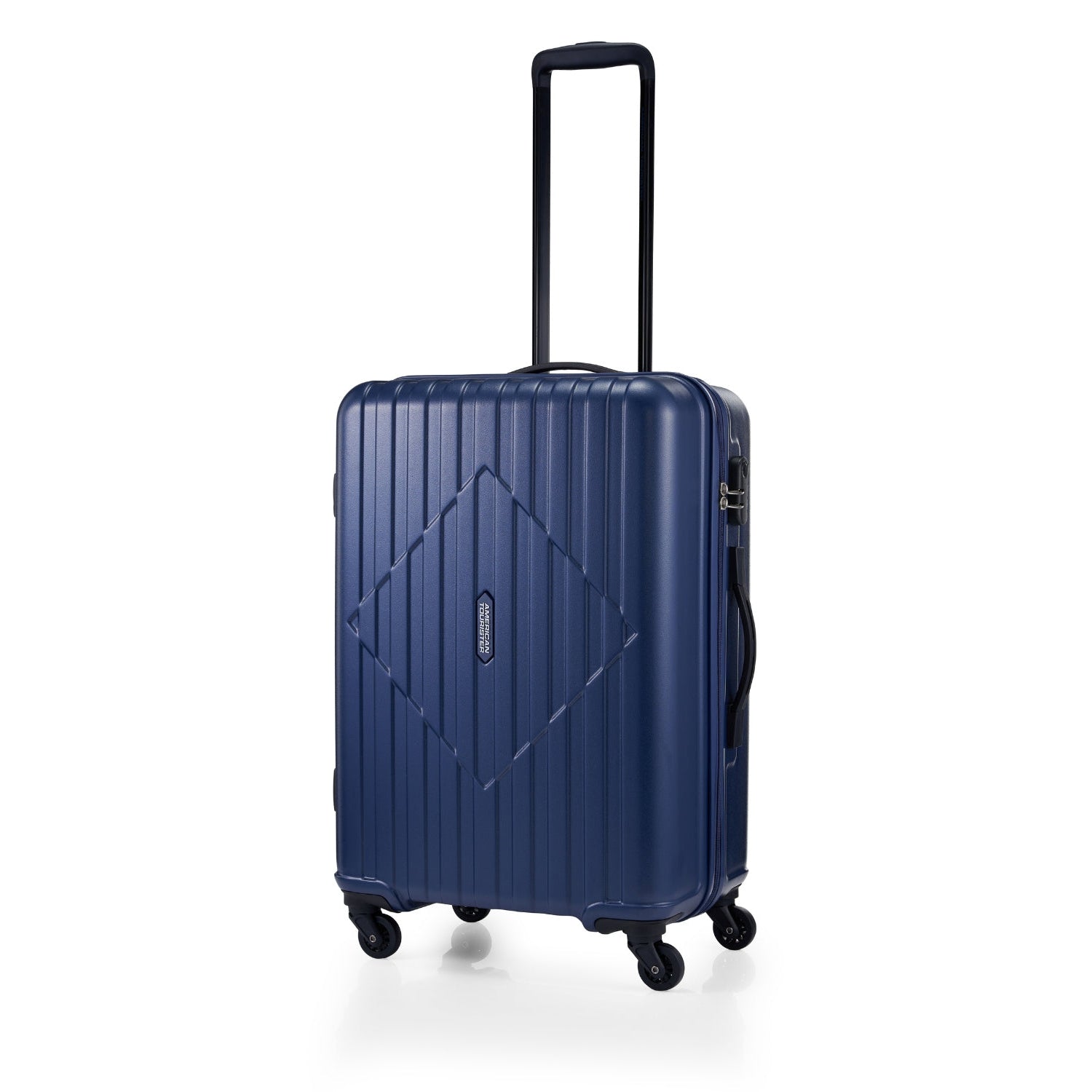 American Tourister Skytrac 67 cm — Navy Medium Suitcase — extended handle three-quarter view