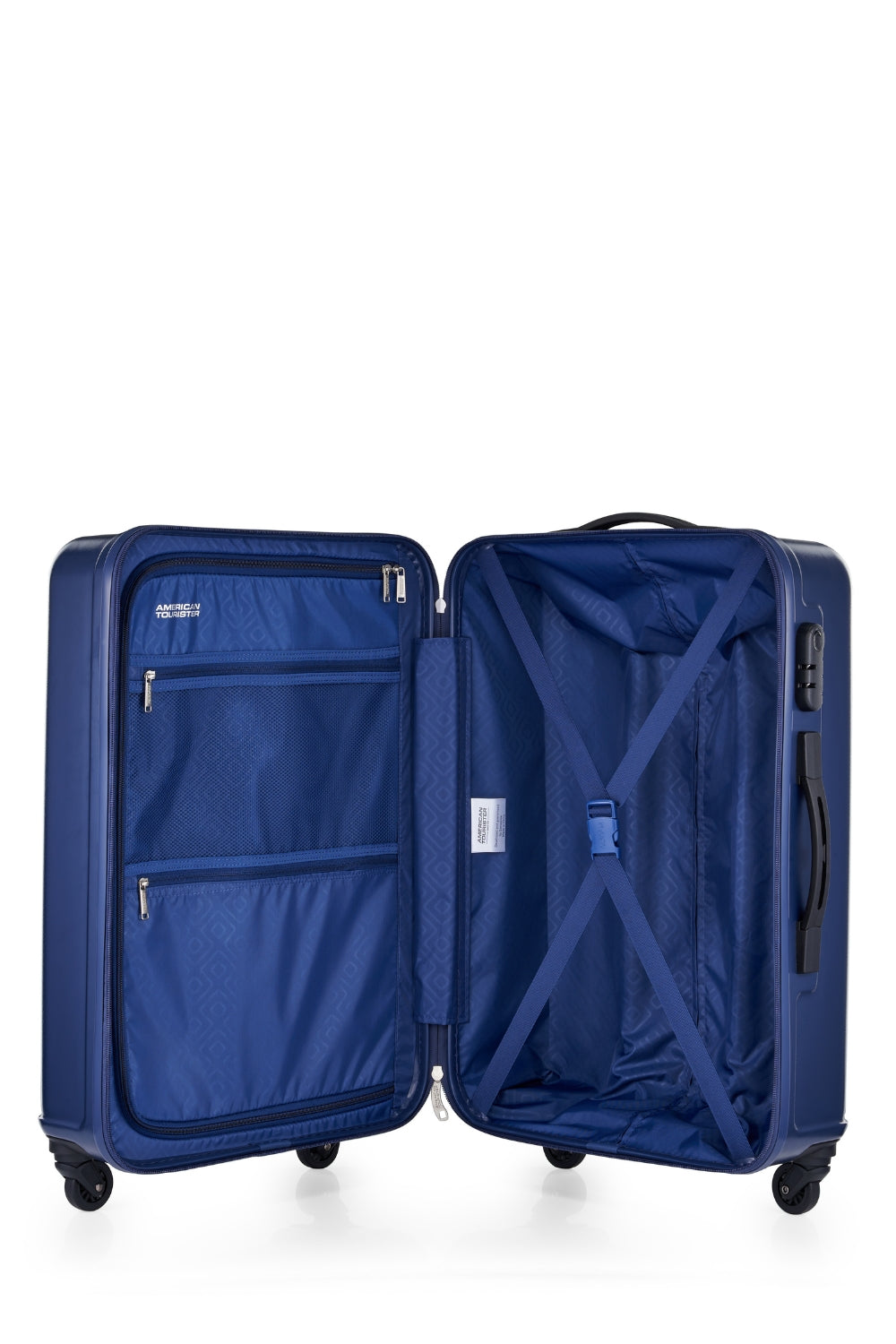 American Tourister Skytrac 67 cm — Navy Medium Suitcase — open interior with divider and packing straps