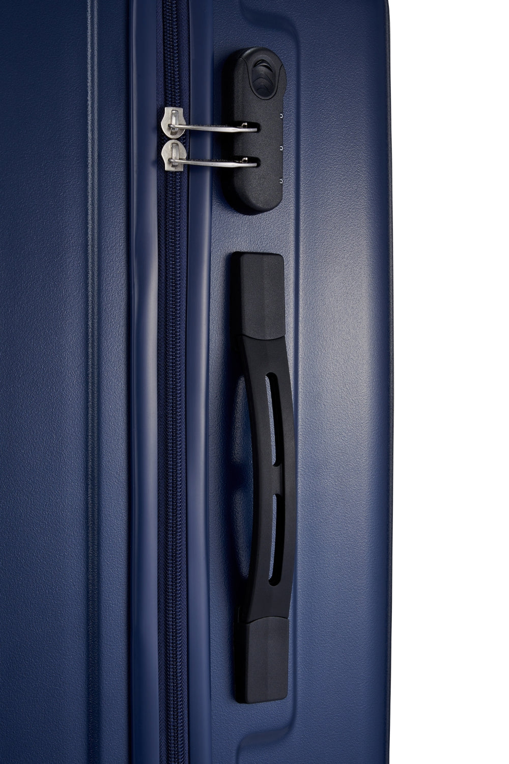 American Tourister Skytrac 67 cm — Navy Medium Suitcase — lock and side carry handle detail