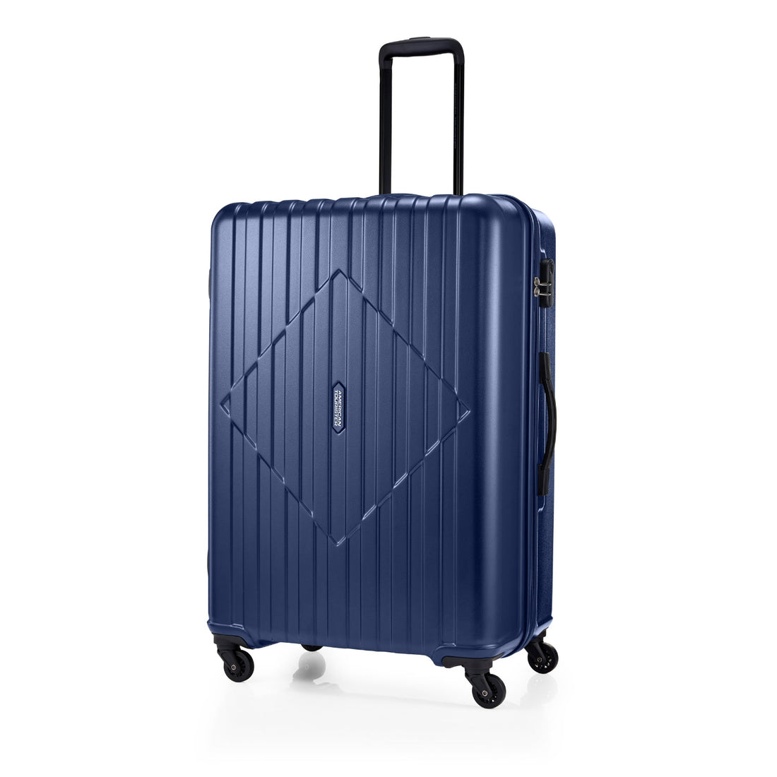 American Tourister Skytrac 78 cm — Navy Large Suitcase — extended handle three-quarter view