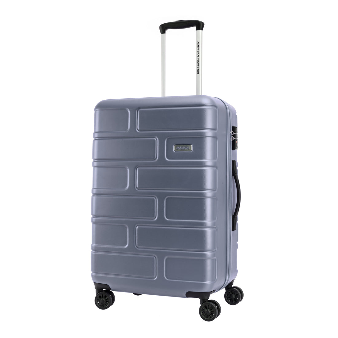 American Tourister Bricklane 68 cm Dark Shadow Medium Suitcase — extended handle three-quarter view