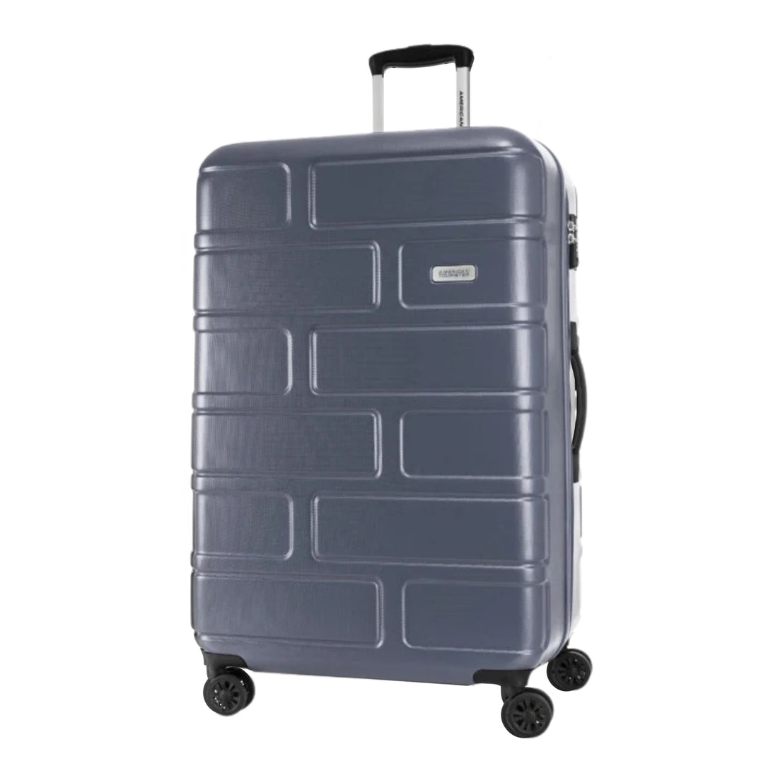 American Tourister Bricklane 80 cm Dark Shadow Large Suitcase — extended handle three-quarter view