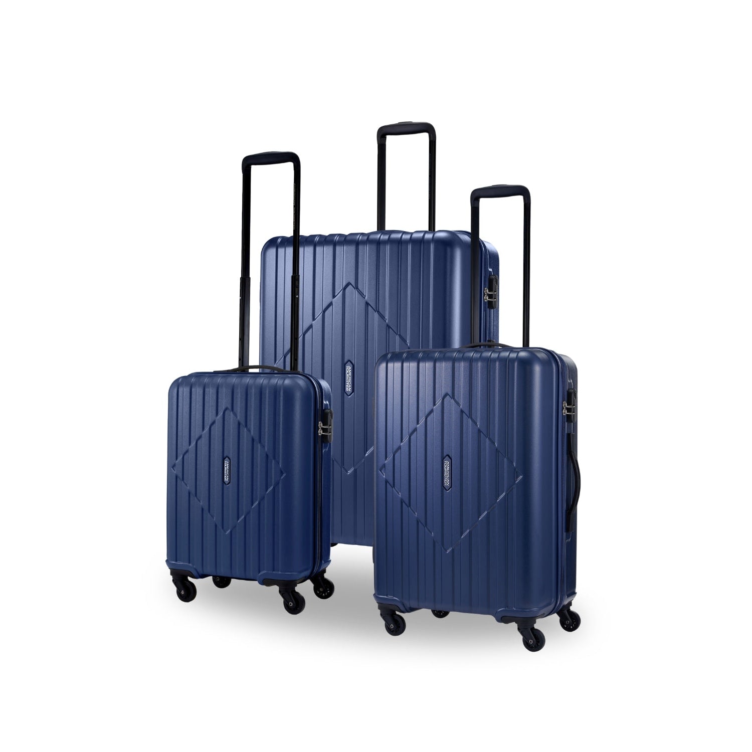American Tourister Skytrac Navy matching 3-piece luggage set — cabin, medium and large suitcases