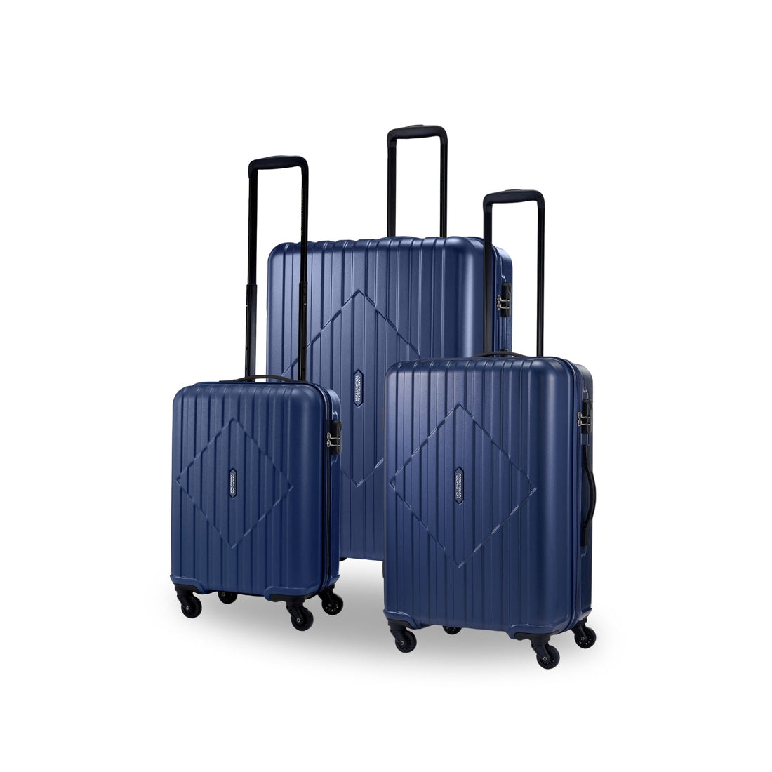 American Tourister Skytrac Navy matching 3-piece luggage set — cabin, medium and large suitcases
