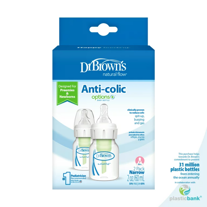 Dr. Brown's Options plus Anti-Colic Narrow Baby Bottle, 2oz/60mL with Preemie Flow Nipple, 2-Pack, 0m+