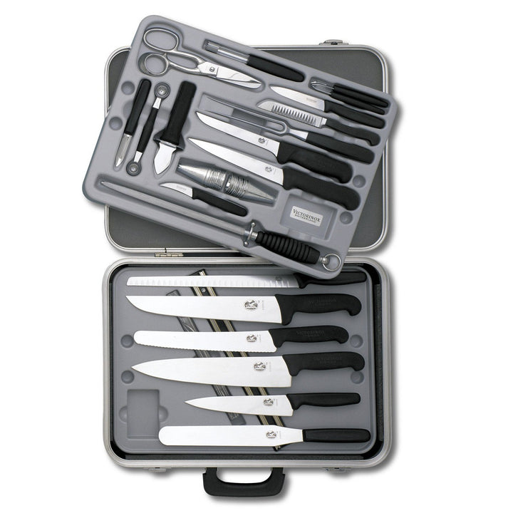 Victorinox 5.4923 23 piece chef case opened showing utensils and fitted trays