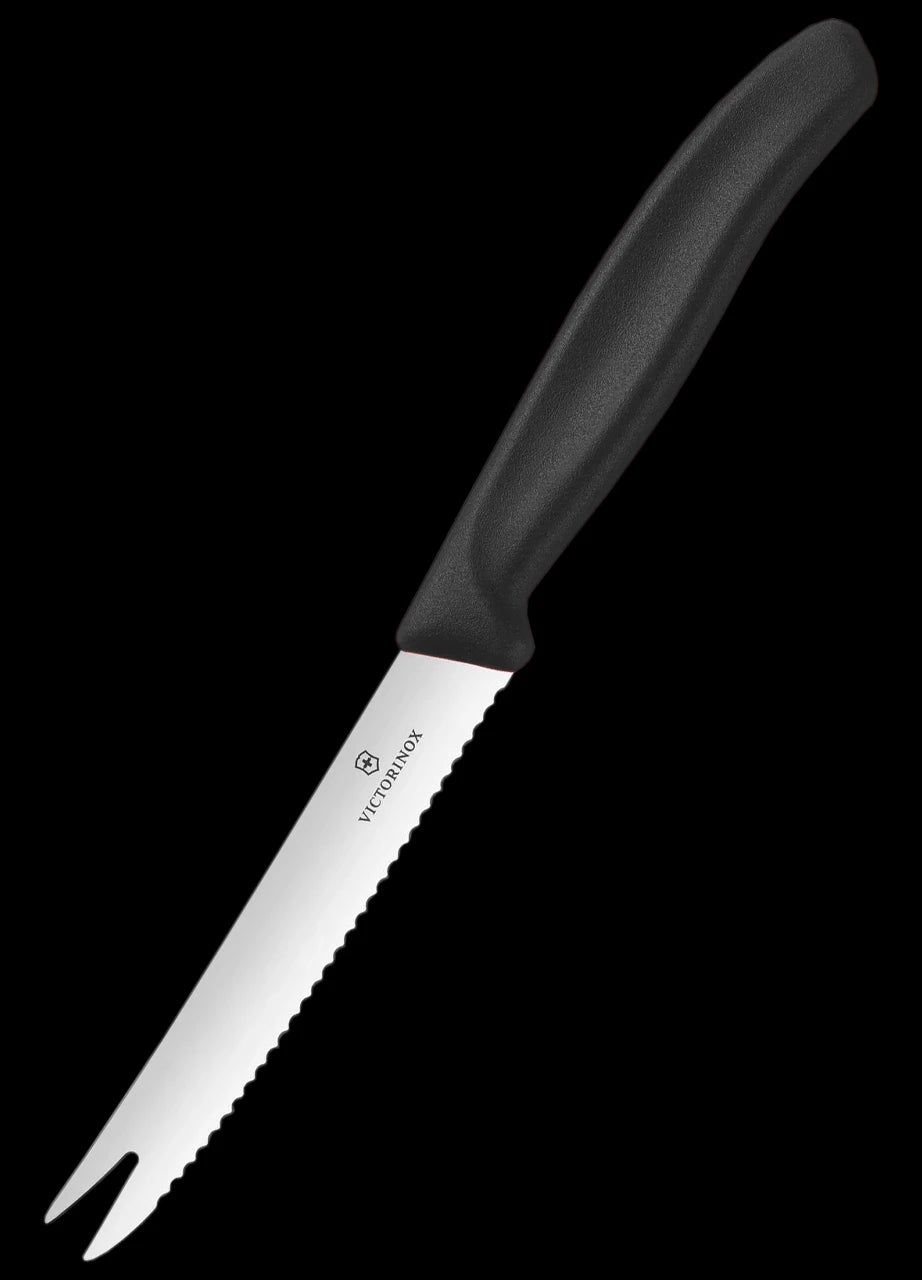 Victorinox 6.7863 wavy cheese and sausage knife with forked tip and black handle