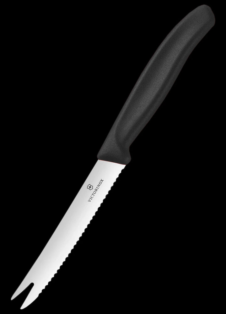 Victorinox 6.7863 wavy cheese and sausage knife with forked tip and black handle