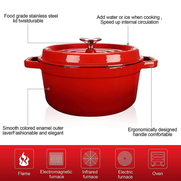 Enameled Cast Iron Pot - 26 CM Dutch Oven Red- HM-BA173 - Image 4