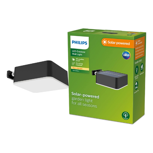 Philips Outdoor Solar Vynce Wall Light 1.5 W Daylight Sensor IP44 Weatherproof Black Square