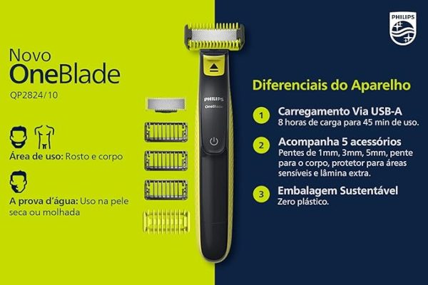 Philips OneBlade Hybrid Electric Trimmer and Shaver Face + Body- QP2824/10 - Image 3