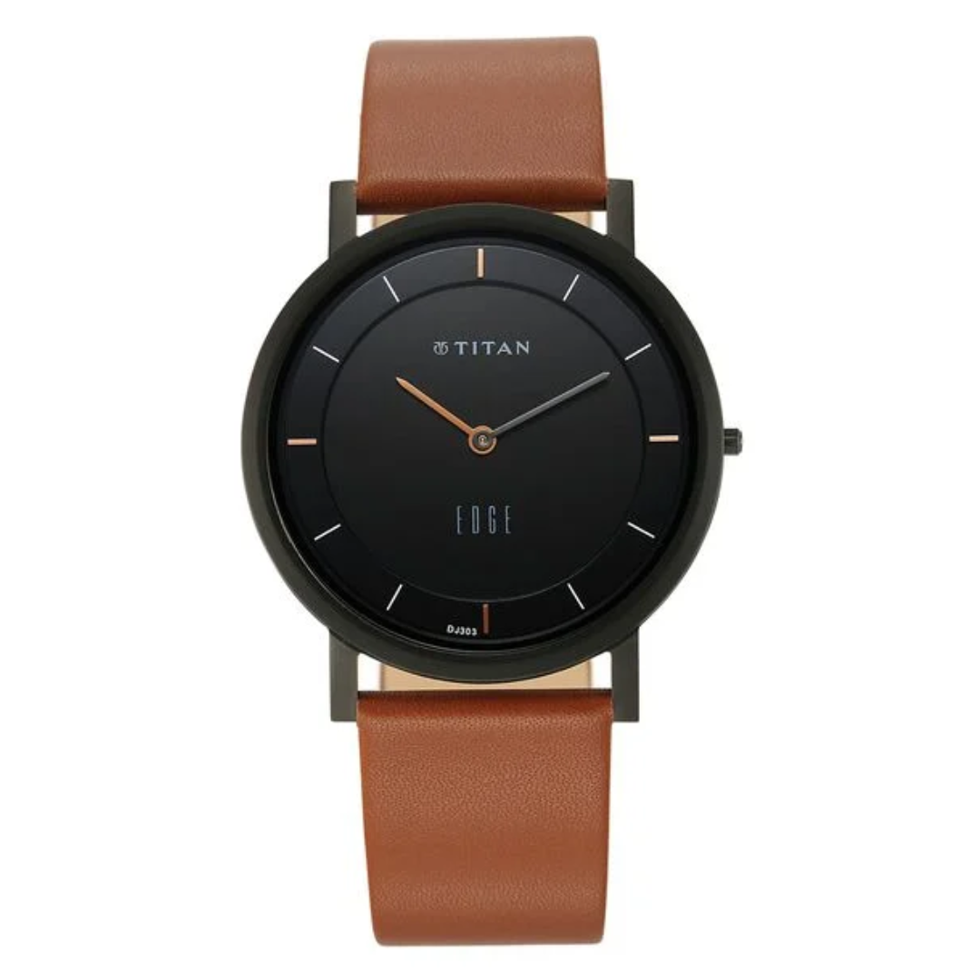 Titan Edge Black Dial Leather Strap Watch
