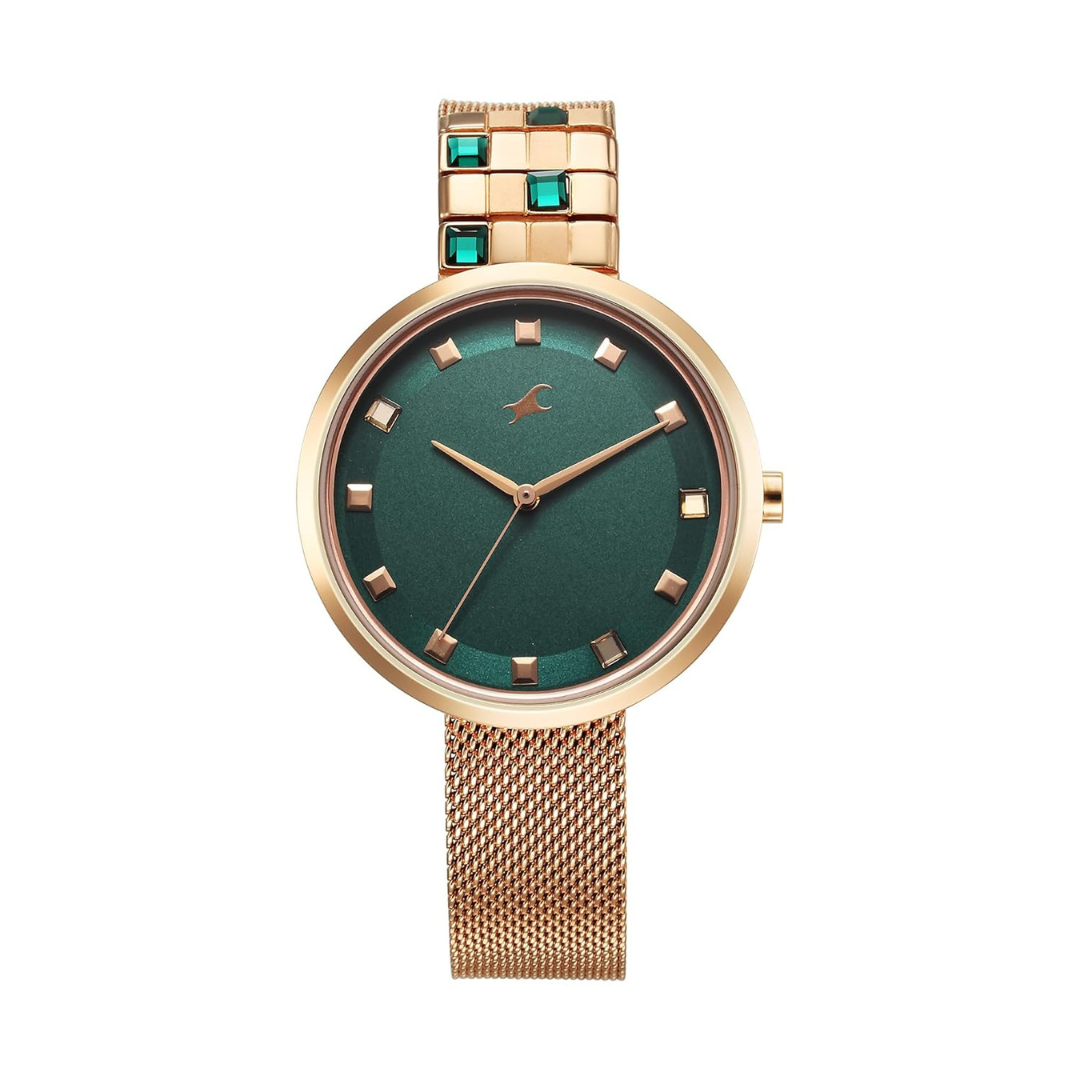 Fastrack Fleek Quartz Analog Green Dial Stainless Steel Strap Watch for Girls