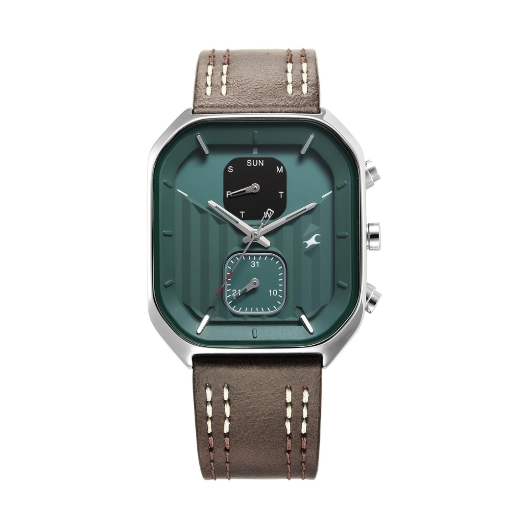 Fastrack Fleek Quartz Multifunction Green Dial Leather Strap Watch For Guys